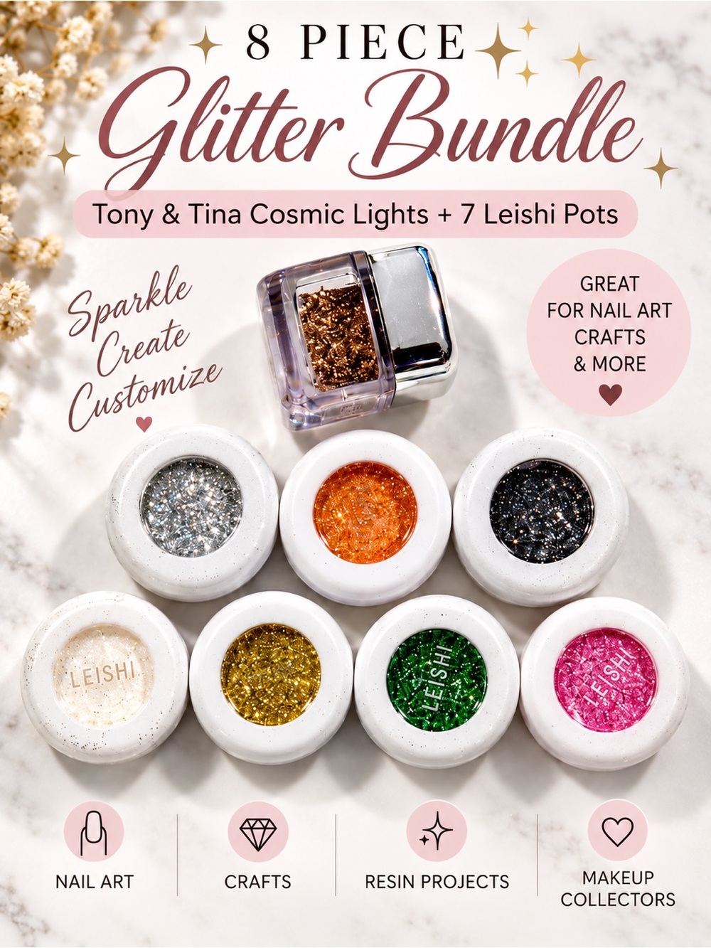 Tony & Tina Cosmic Lights + Leishi Glitter 8pc Nail Art Craft Bundle